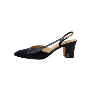 Chanel Slingback Pump Black Leather Grosgrain Classic CC Logo Heel 37 | 6.5